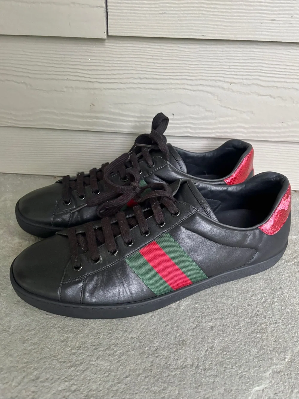 Gucci Ace Black Leather Logo Stripe Sneakers